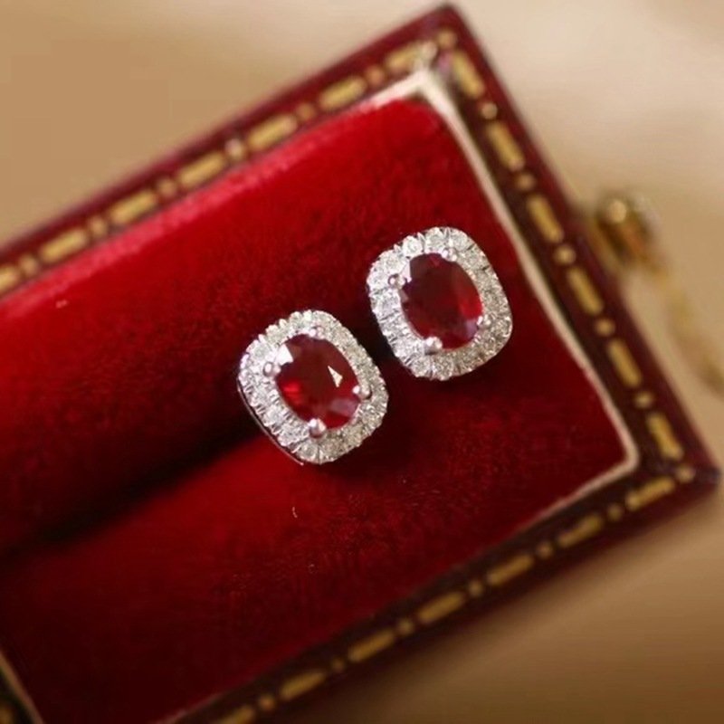 Real Gold Natural Ruby Diamond Stud Earrings Pigeon Blood Red Color – Bild 3