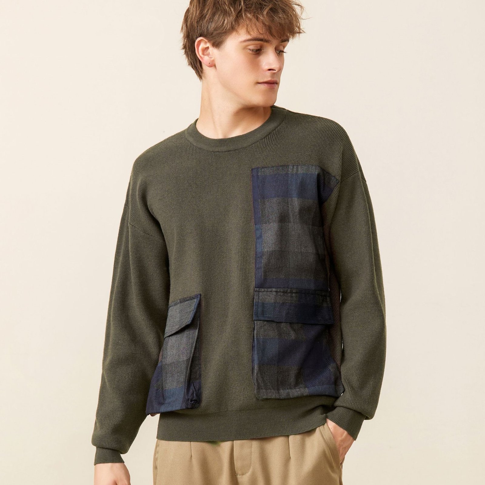 Youth Symmetrical Plaid Big Pocket Decorated Sweater Men – Bild 6