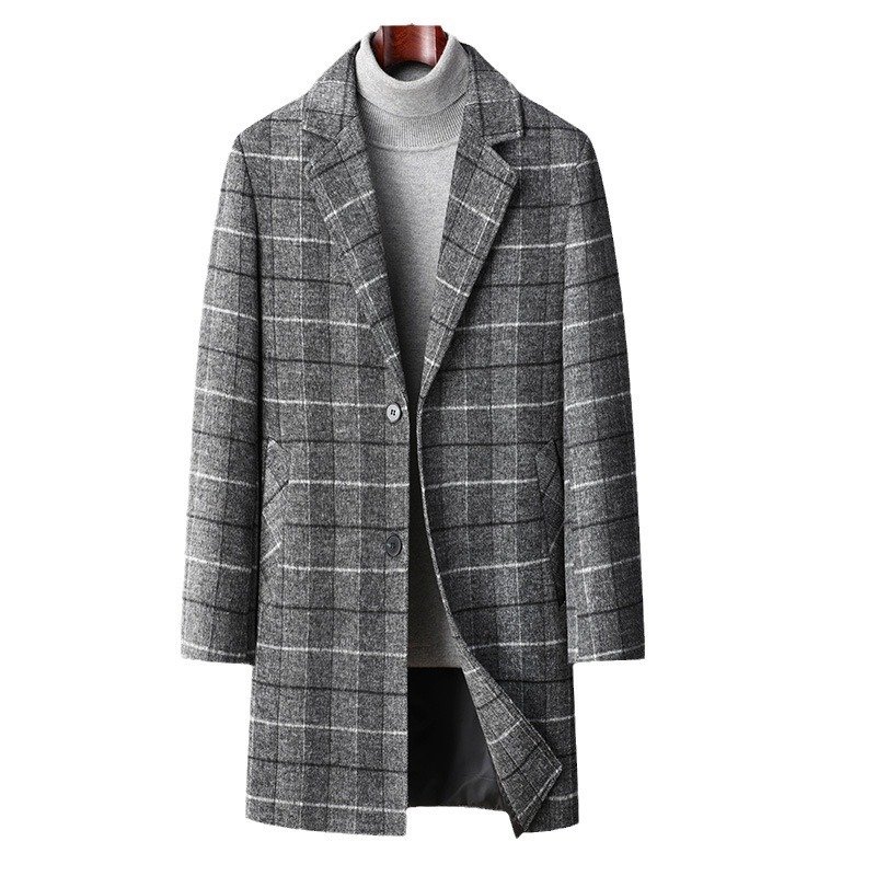 Autumn And Winter Woolen Coat Men's Mid-length Business Casual Plaid Cotton And Thickening Woolen Coat – Bild 5