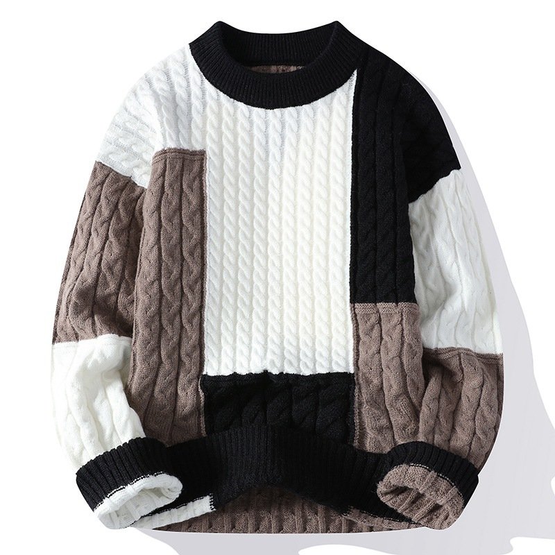 Men's Crew Neck Pullover Sweater Color Contrast Patchwork – Bild 2