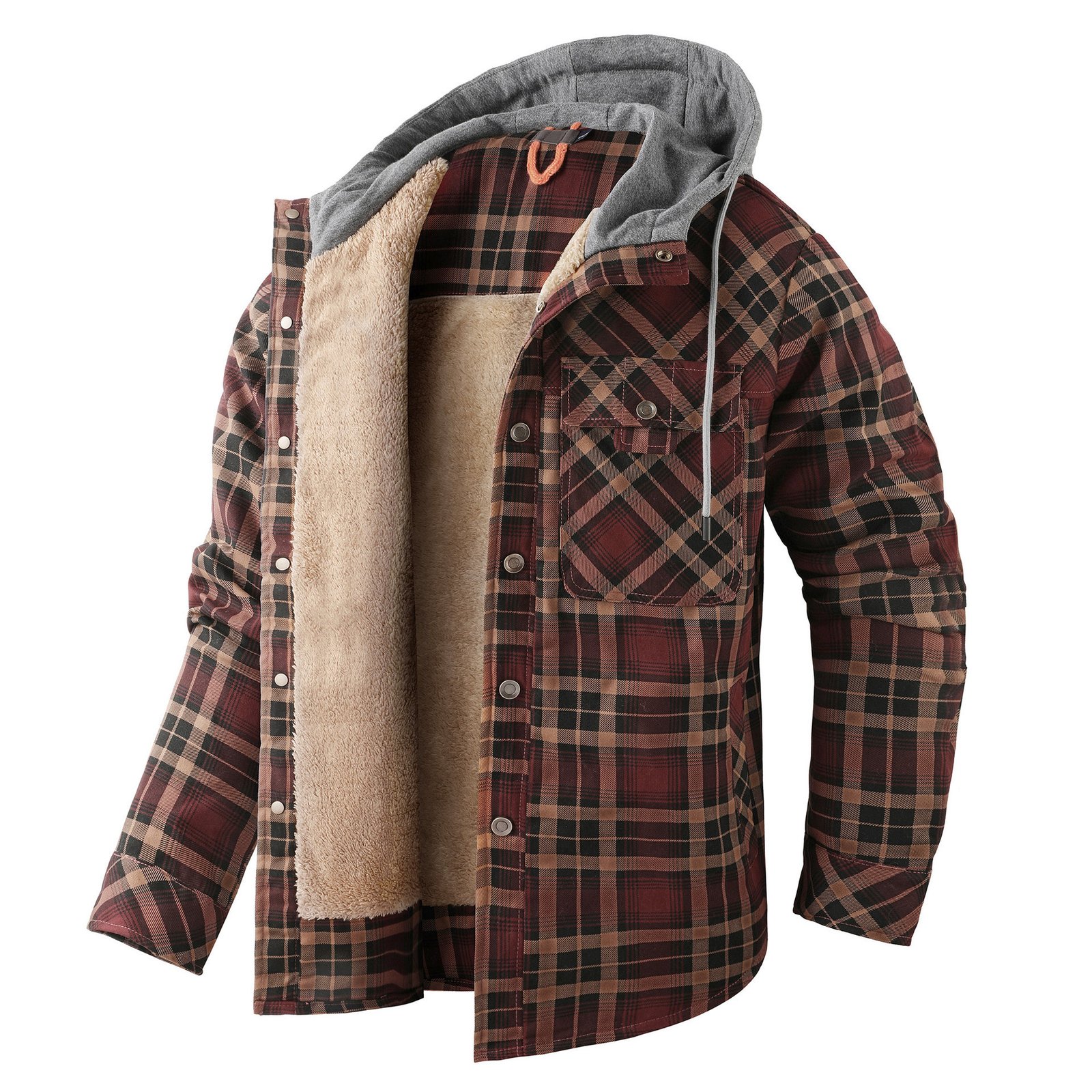 Men's Long-sleeved Fleece-lined Hooded Plaid Shirt Autumn Winter Coat Cotton-padded Jacket – Bild 6