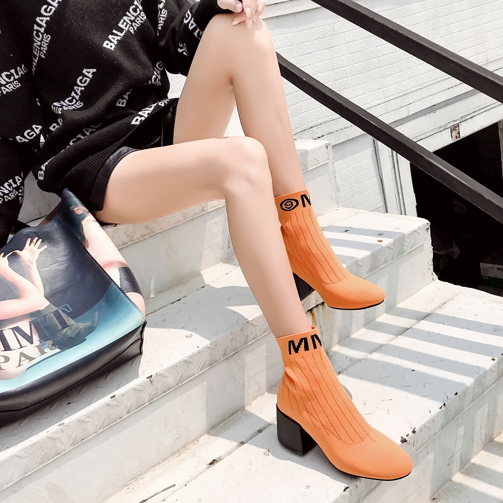 Knitted Thin Boots Sleeve Thick Heel Short Boots – Bild 4