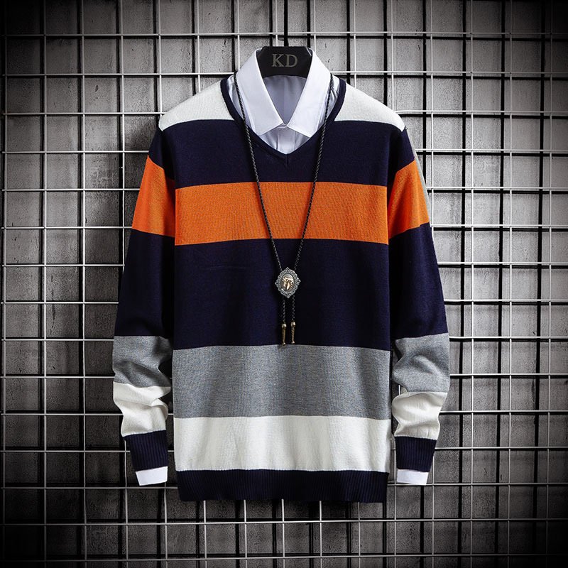 New Thin Color Blocking Round Neck Sweater Men's Casual Sweater