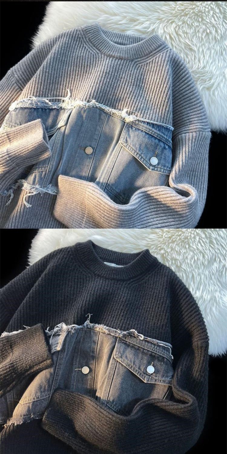 Denim Splicing Knitwear Male Early Autumn Sweater – Bild 9