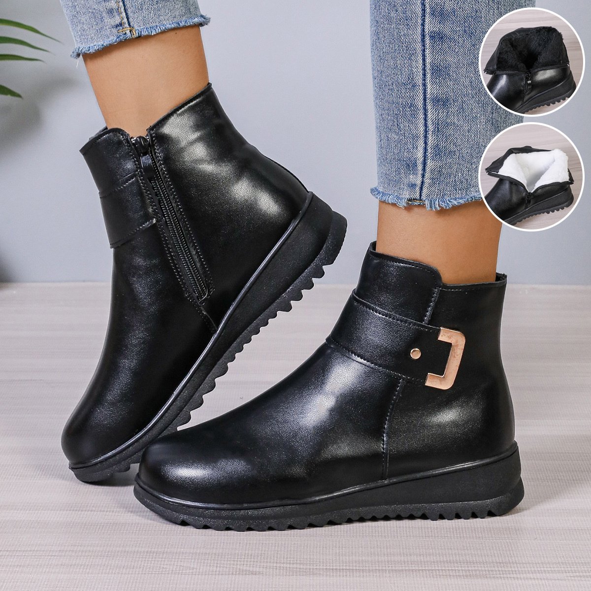 Winter Fleece Boots With Side Zipper Design Fashion Simple Non-slip Ankle Boots For Women Warm Pu Leather Shoes – Bild 6