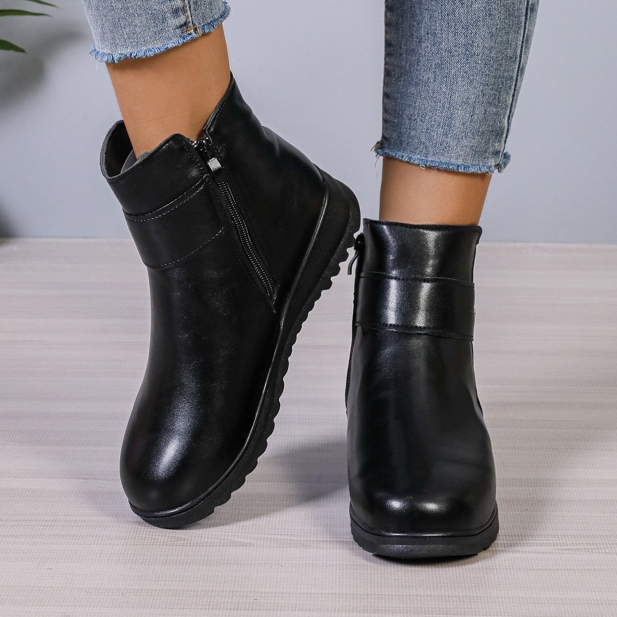 Winter Fleece Boots With Side Zipper Design Fashion Simple Non-slip Ankle Boots For Women Warm Pu Leather Shoes – Bild 7