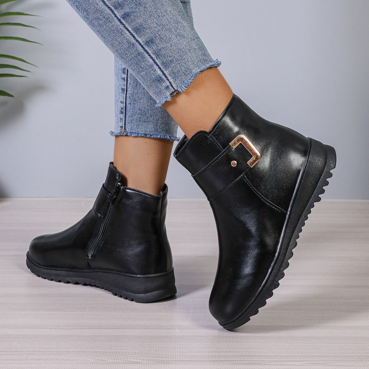 Winter Fleece Boots With Side Zipper Design Fashion Simple Non-slip Ankle Boots For Women Warm Pu Leather Shoes – Bild 8