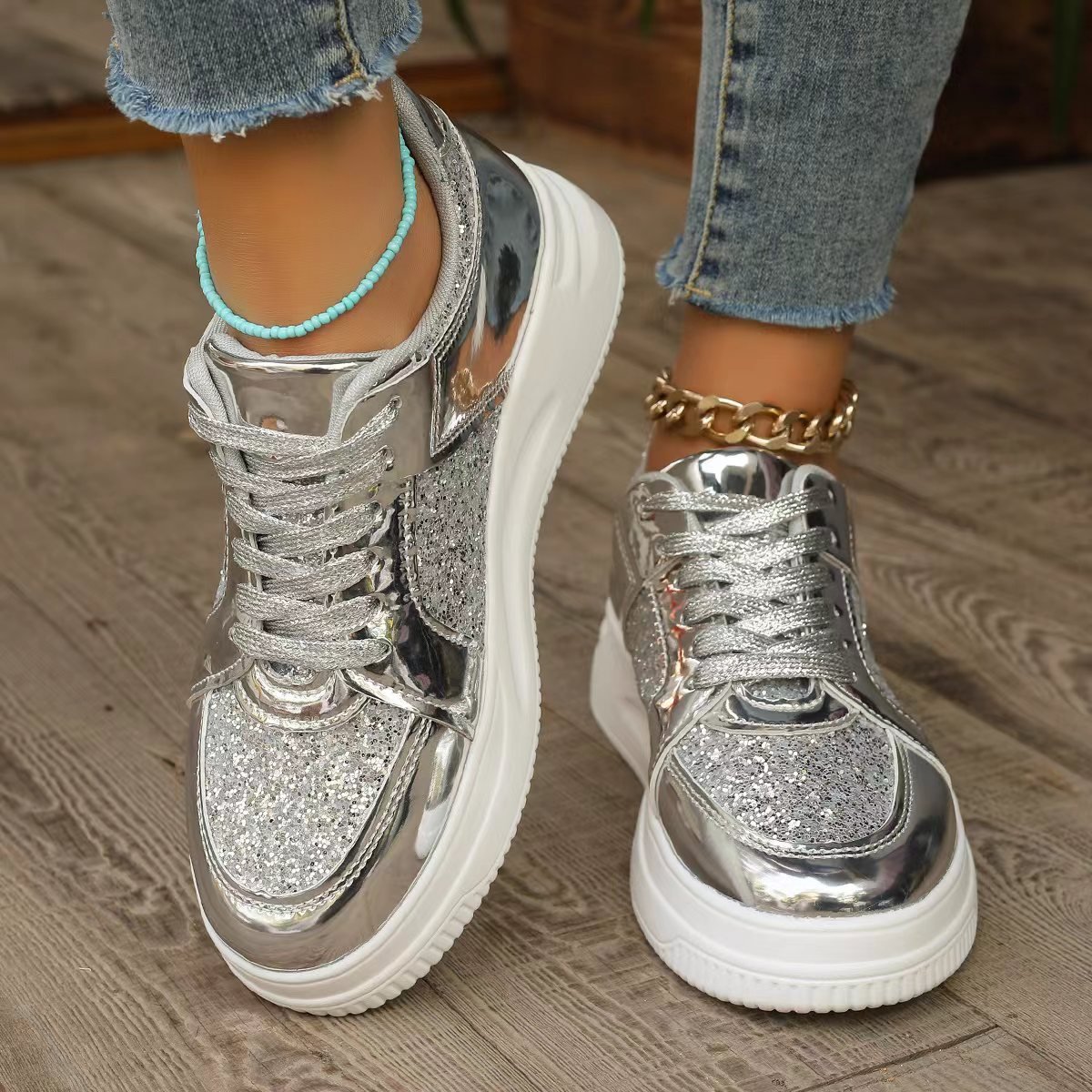 Fashion Lace-up Flat Shoes With Sequin Design Casual Sports Thick Bottom Round Toe Shoes For Women Non-slip Walking Sneakers – Bild 7