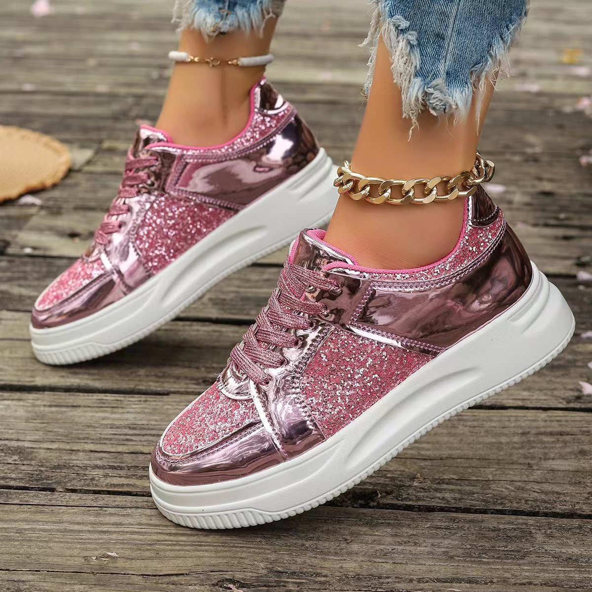 Fashion Lace-up Flat Shoes With Sequin Design Casual Sports Thick Bottom Round Toe Shoes For Women Non-slip Walking Sneakers – Bild 8