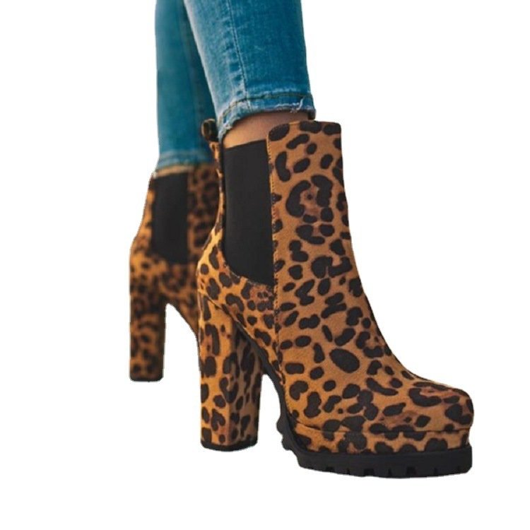 Round-toe Ankle Boots Solid Leopard Print Thick Square High Heel Shoes Ladies Casual Fashion Autumn Winter Suede Dress Party Boots – Bild 6