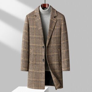 Autumn And Winter Woolen Coat Men's Mid-length Business Casual Plaid Cotton And Thickening Woolen Coat
