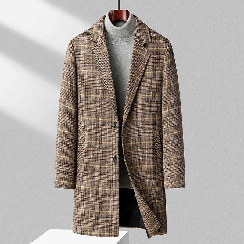 Autumn And Winter Woolen Coat Men's Mid-length Business Casual Plaid Cotton And Thickening Woolen Coat
