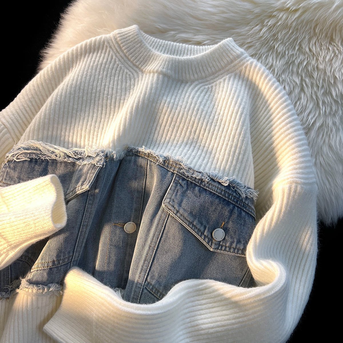 Denim Splicing Knitwear Male Early Autumn Sweater – Bild 4