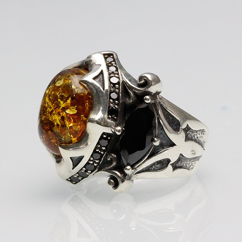 925 Thai Silver Ring Retro Gem Black Stone Amber – Bild 4