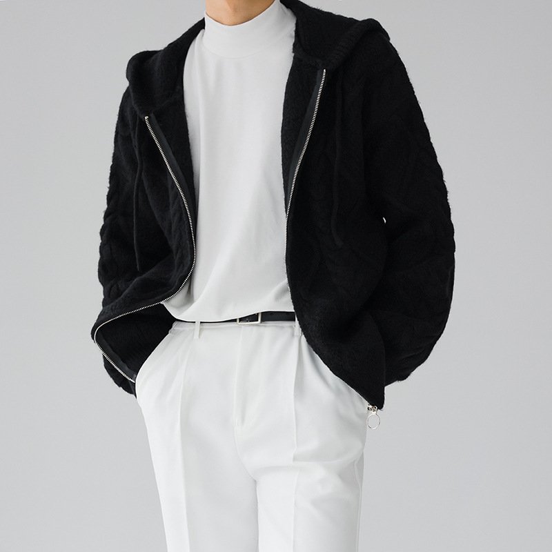 Men's Zipper Hooded Solid Color Loose Rhombus Plaid Coat – Bild 6