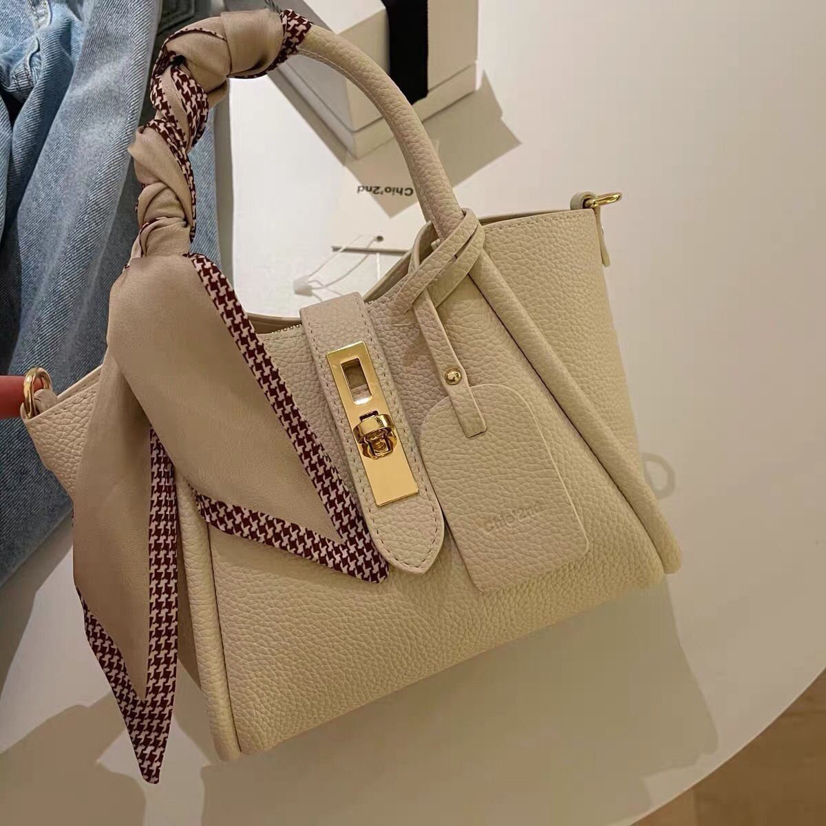 Litchi Pattern Soft Leather Portable Tote Bag – Bild 5