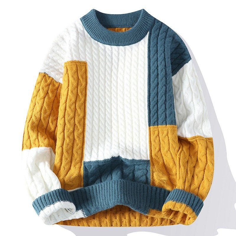 Men's Crew Neck Pullover Sweater Color Contrast Patchwork – Bild 8