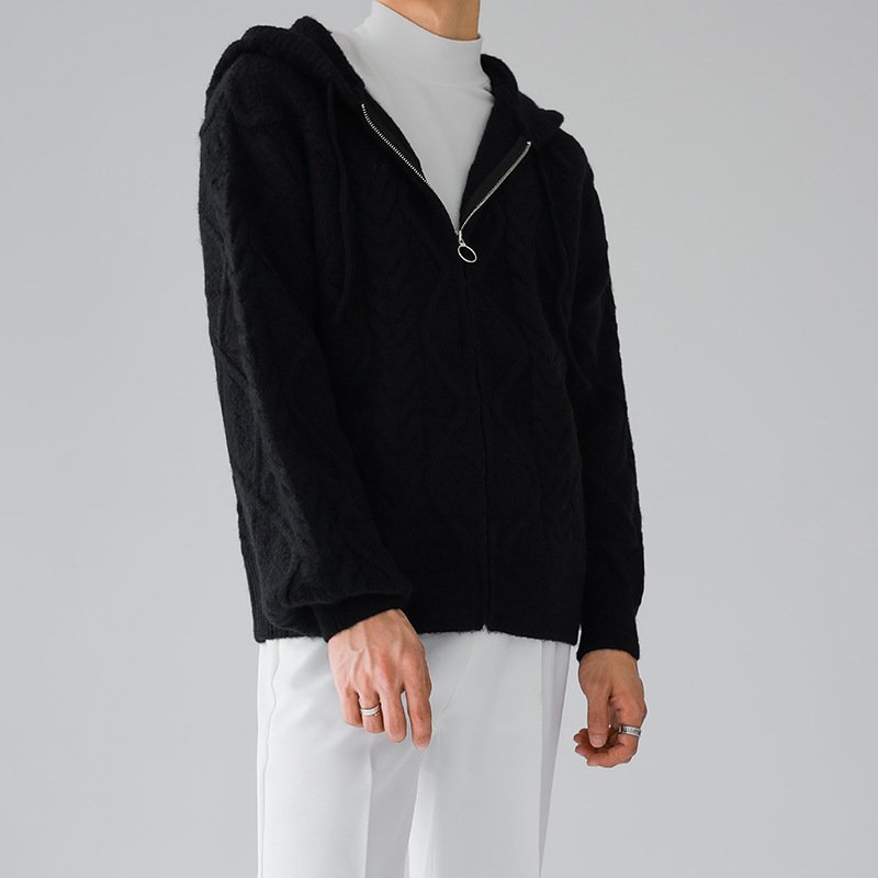 Men's Zipper Hooded Solid Color Loose Rhombus Plaid Coat – Bild 4