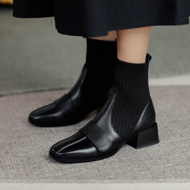 Large Brown Square Toe Mid-heel Soft Leather Shoes – Bild 5