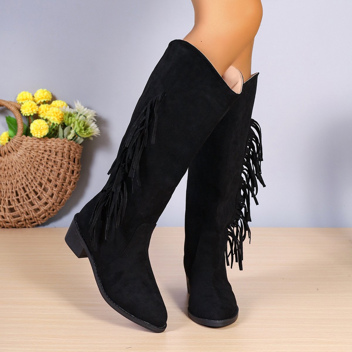 Winter Fringe Chunky Heel Long Boot Fashion Slip On Suede Retro Tassel Boots Women's Pionted Toe Shoes Women Western Cowboy Boot – Bild 2