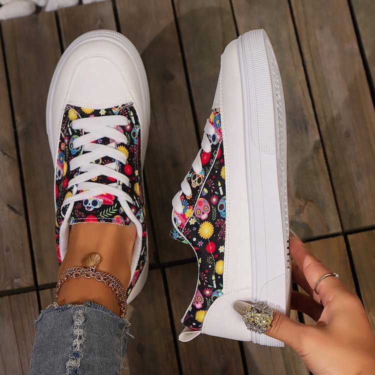 Halloween Skull Print Lace-up Canvas Shoes For Women Fashion Breathable Versatile Flats Student Casual Shoes – Bild 2