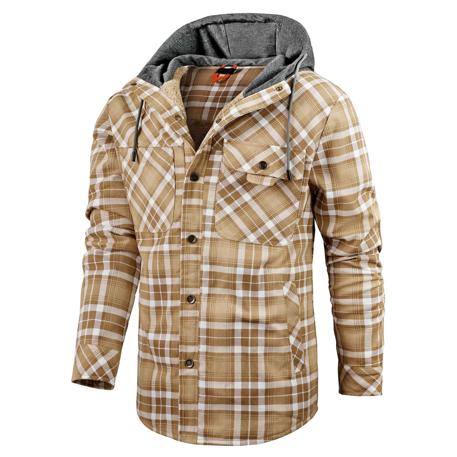 Men's Long-sleeved Fleece-lined Hooded Plaid Shirt Autumn Winter Coat Cotton-padded Jacket – Bild 4