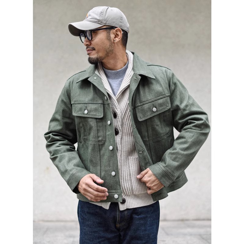 Vulcanized Green Puree Denim Retro Workwear Pure Cotton Coat Men – Bild 6