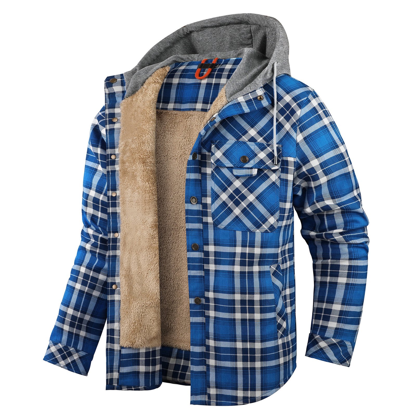 Men's Long-sleeved Fleece-lined Hooded Plaid Shirt Autumn Winter Coat Cotton-padded Jacket – Bild 9