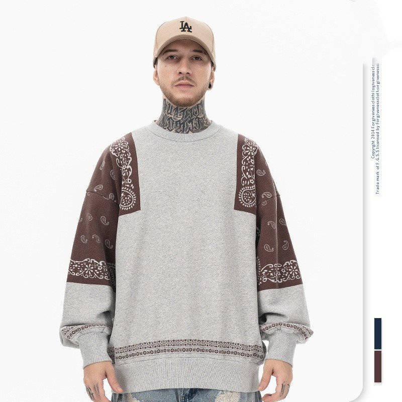 Retro Paisley Stitching Fleece-lined Crew Neck Sweater – Bild 5