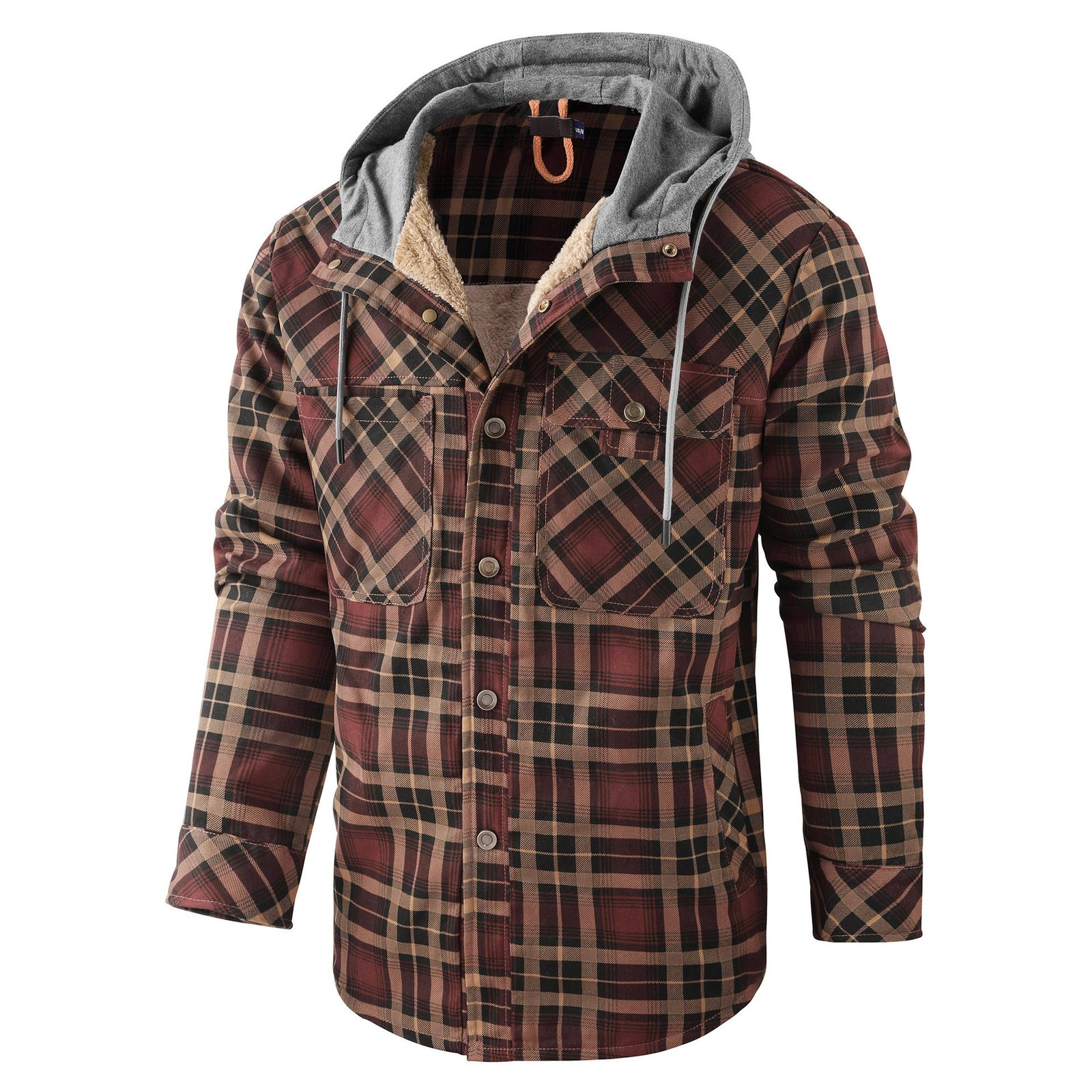 Men's Long-sleeved Fleece-lined Hooded Plaid Shirt Autumn Winter Coat Cotton-padded Jacket – Bild 2
