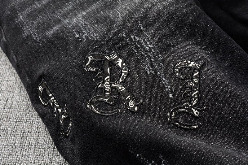 Black Cashew Flower Printed Patch Torn Jeans For Men – Bild 7