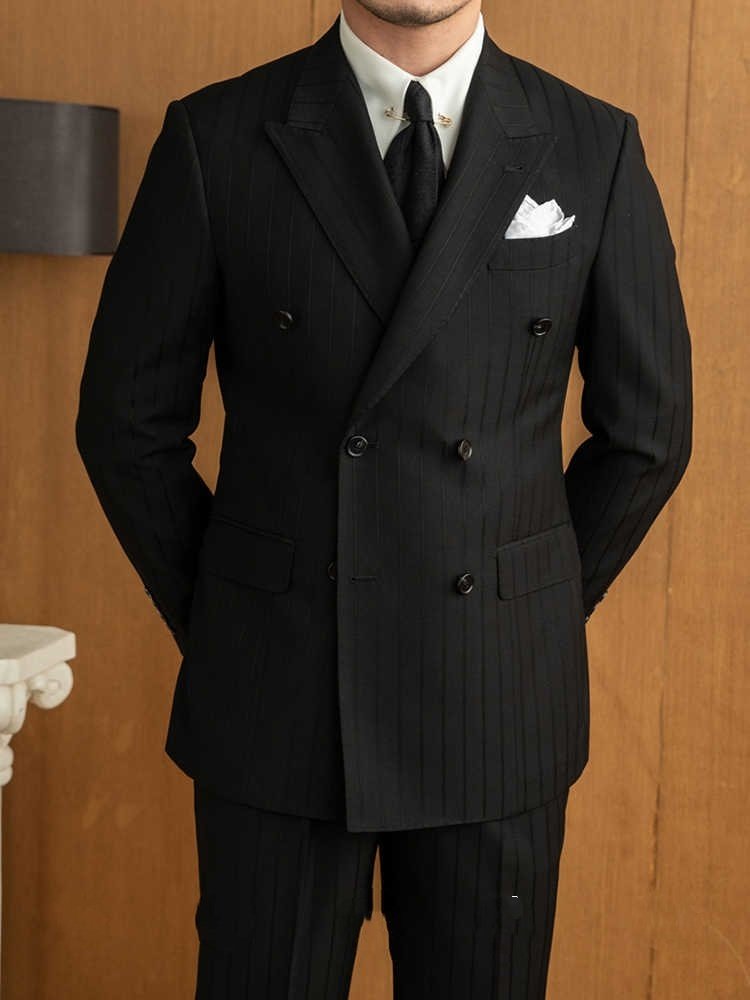 Handsome Man Versatile Black Striped Double Breasted Suit – Bild 5