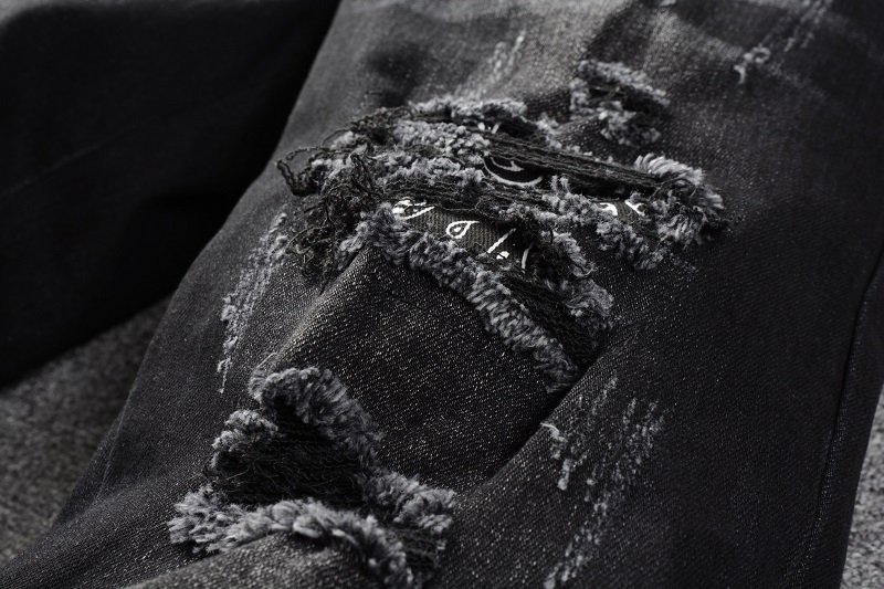 Black Cashew Flower Printed Patch Torn Jeans For Men – Bild 6