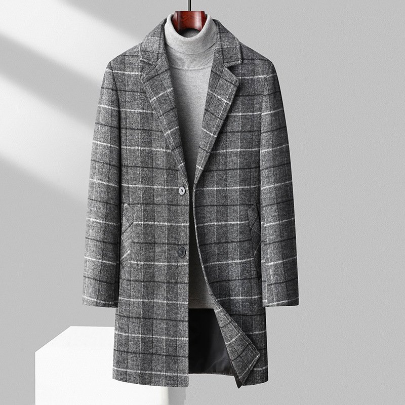 Autumn And Winter Woolen Coat Men's Mid-length Business Casual Plaid Cotton And Thickening Woolen Coat – Bild 6