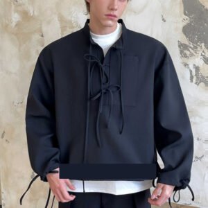 Ribbon Design Lapel Half Cardigan Drawstring Pullover Sweater