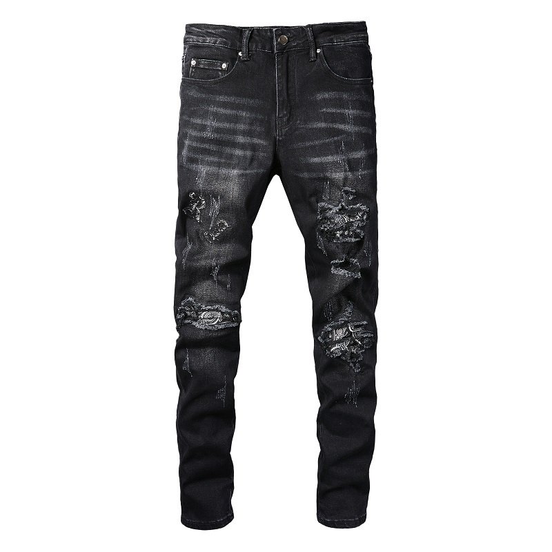 Black Cashew Flower Printed Patch Torn Jeans For Men – Bild 2