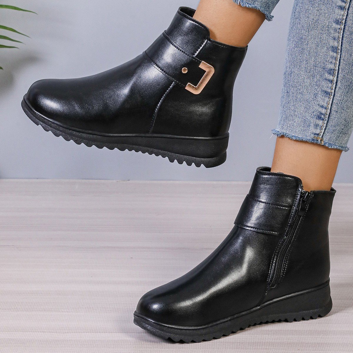 Winter Fleece Boots With Side Zipper Design Fashion Simple Non-slip Ankle Boots For Women Warm Pu Leather Shoes – Bild 4