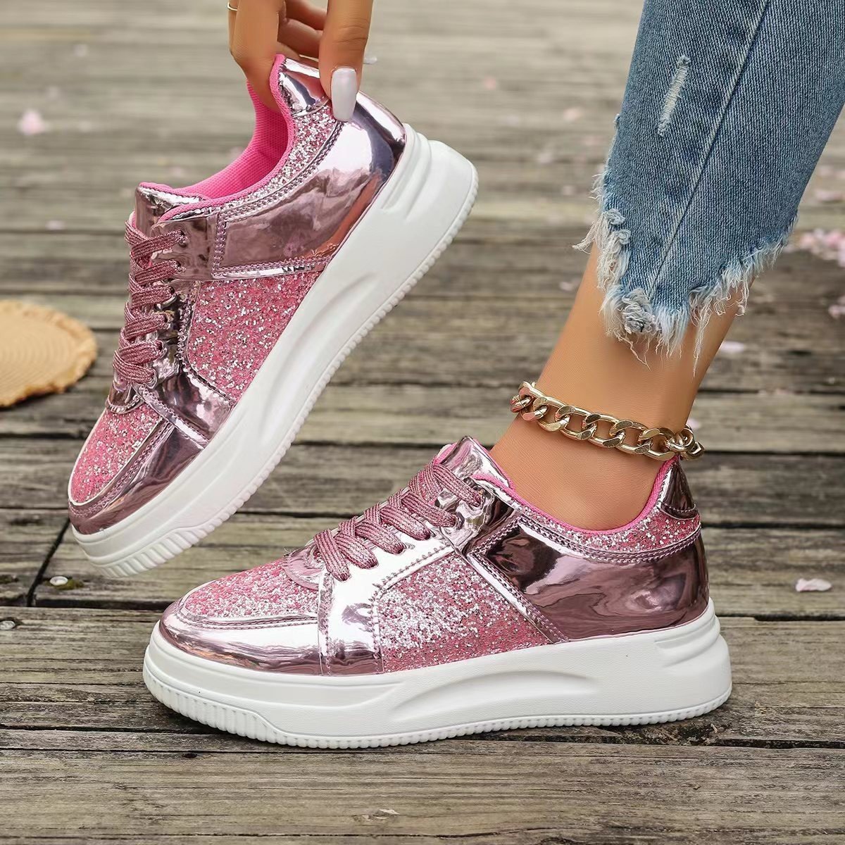 Fashion Lace-up Flat Shoes With Sequin Design Casual Sports Thick Bottom Round Toe Shoes For Women Non-slip Walking Sneakers – Bild 3