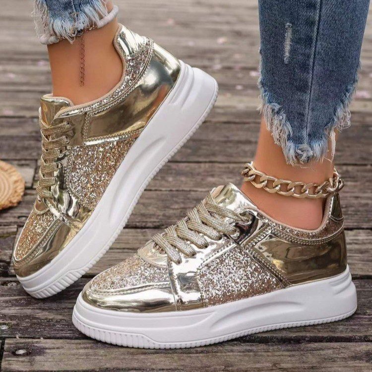 Fashion Lace-up Flat Shoes With Sequin Design Casual Sports Thick Bottom Round Toe Shoes For Women Non-slip Walking Sneakers – Bild 4