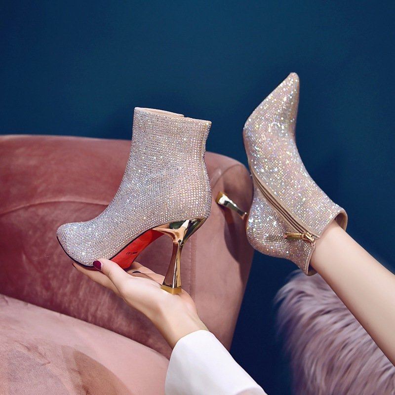 Full Diamond Pointed Toe Short Boots Golden Bridesmaid Wedding – Bild 3