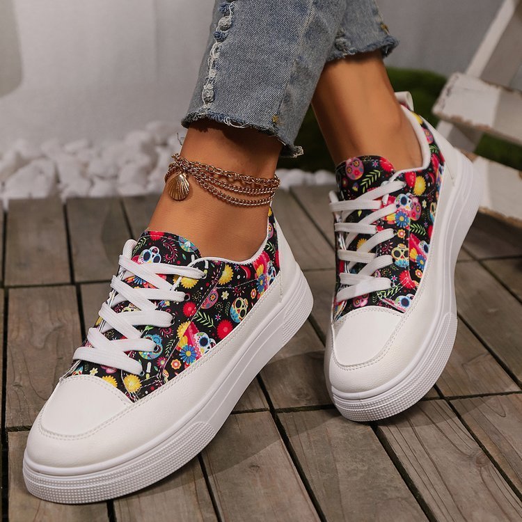 Halloween Skull Print Lace-up Canvas Shoes For Women Fashion Breathable Versatile Flats Student Casual Shoes – Bild 5