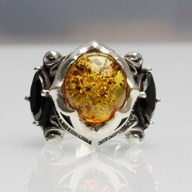 925 Thai Silver Ring Retro Gem Black Stone Amber – Bild 5