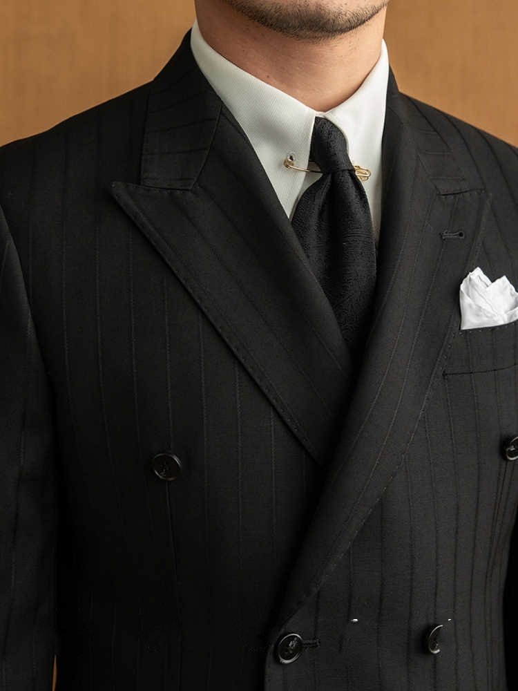 Handsome Man Versatile Black Striped Double Breasted Suit – Bild 2