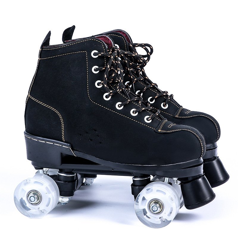 Black Lether Roller Skates Shoes 4-Wheel Double Row – Bild 3