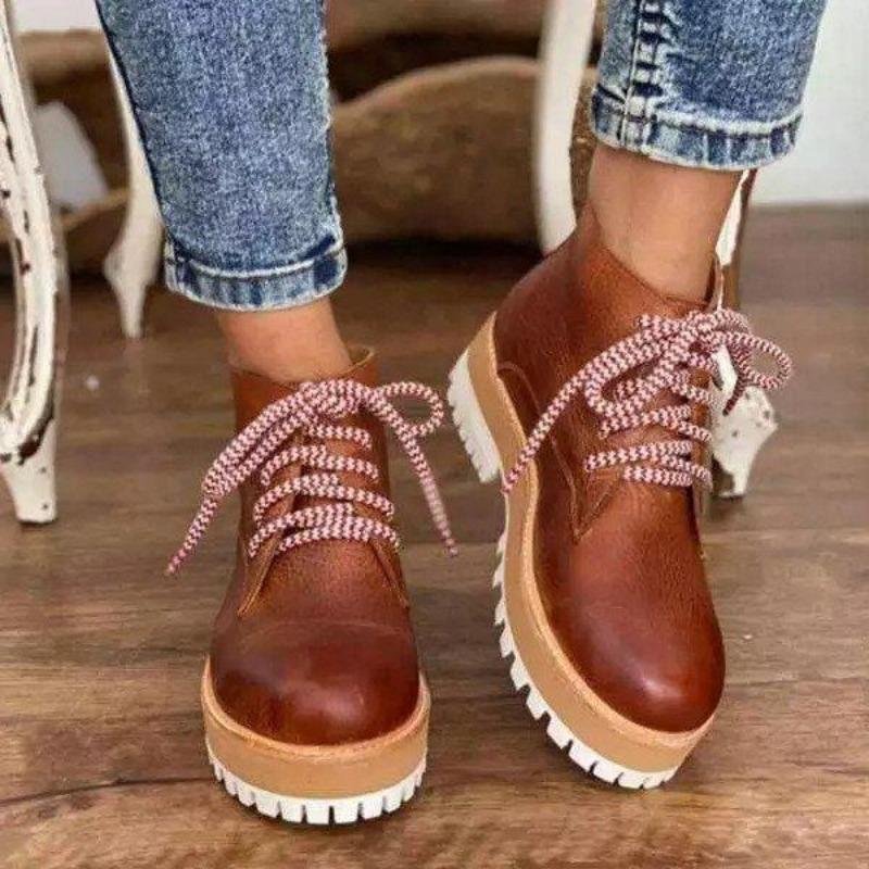 Flat Heel Women's Round Toe Brown Low-Tube Viscose Martin Boots – Bild 5