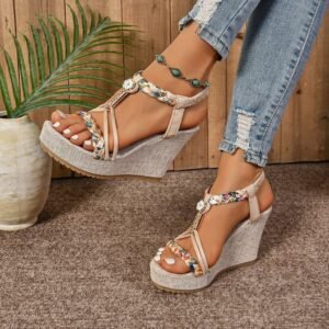 Wedge Sandals Hemp Rope Rhinestone Straw
