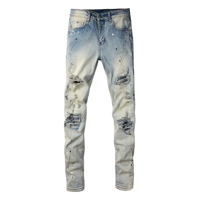 Light Colored Paint Splashing Ink Making Old Washed Jeans For Men – Bild 3