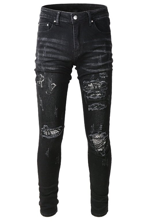 Black Cashew Flower Printed Patch Torn Jeans For Men – Bild 3