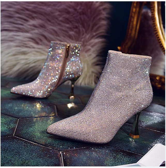 Full Diamond Pointed Toe Short Boots Golden Bridesmaid Wedding – Bild 5