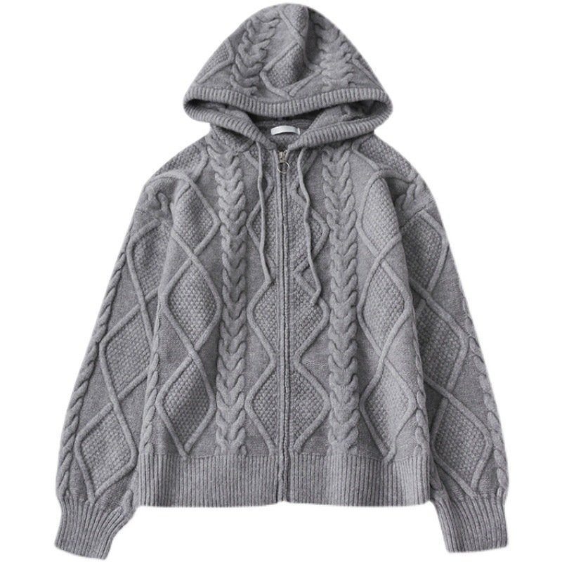 Men's Zipper Hooded Solid Color Loose Rhombus Plaid Coat – Bild 5